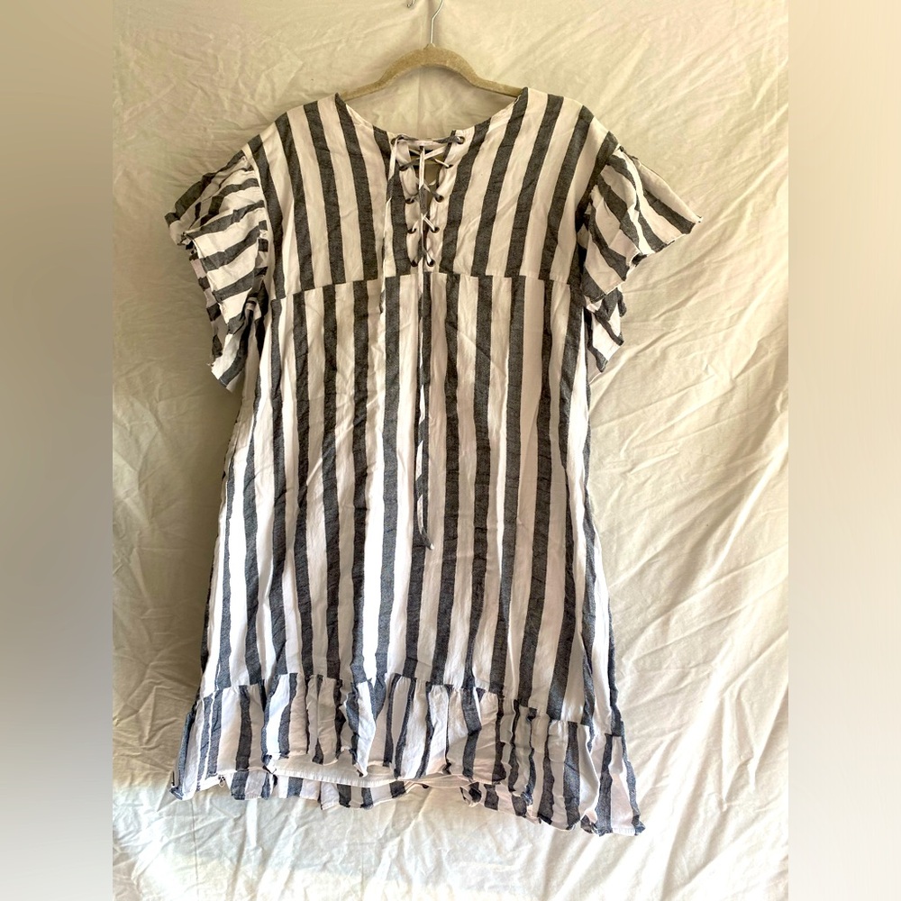 Strip Tunic Tie Neck Dress Mid